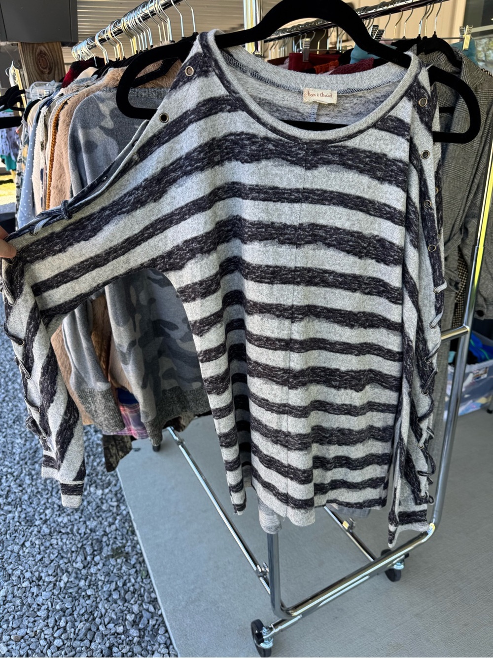 Hem & Thread Striped Off-Shoulder Sweater in Gray and Black